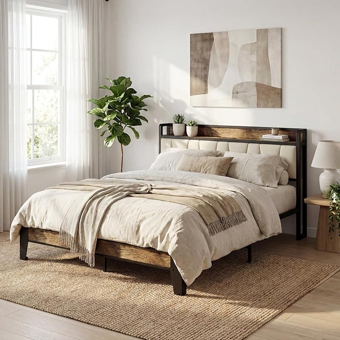 LIKIMIO Queen Bed Frame, Storage Headboard with Charging Station, Solid and Stable, Noise Free, No Box Spring Needed, Easy Assembly (Walnut and Beige)