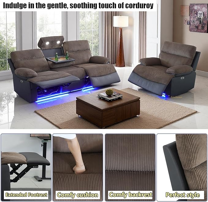 A Ainehome Power Recliner Sofa and Chair with USB Port, Living Room Furniture Sets, Corduroy Sofa Reclining Sectional Couches for Living Room with LED Light/Storage Console/Cup Holders