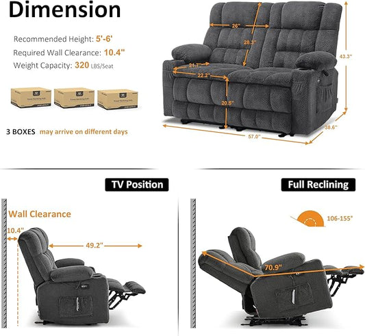 MCombo 57" Reclining Loveseat with Heat and Massage, Zero Gravity Recliner Loveseat Sofa with Dual USB Charging Ports for Living Room, Fabric 6314 (Dark Grey)