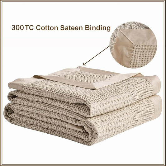 meadow park Cotton Waffle Blanket with Cotton Sateen Binding - King Size - Lightweight and Breathable - Washed Waffle Throw - Taupe Color.