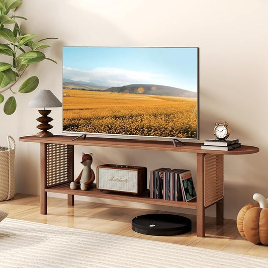 HollyHOME Bamboo TV Stand with Storage for TVs up to 65", Modern Entertainment Center with Rattan Side, Accent TV Table with 2 Shelf, Media Console TV Stand for Living Room, Bedroom, Walnut
