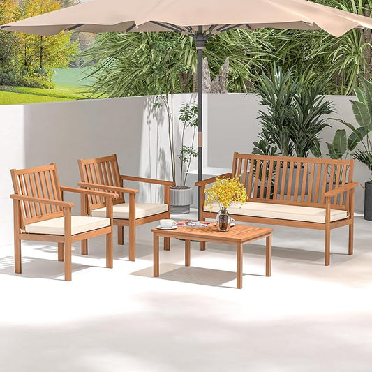 Tangkula 4 Piece Patio Wood Furniture Set, Acacia Wood Sofa Set w/Loveseat, 2 Chairs & Coffee Table, Soft Seat Cushions, Outdoor Wood Furniture Set for Porch, Yard, Balcony (Off White), OneSize