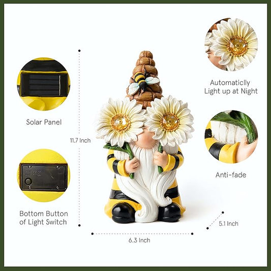 LA Jolie Muse 11.7'' Solar Gnomes Garden Statues-Resin Bee Gnomes Figurine Sunflower Decor with Solar LED Lights for Outdoor Gnomes Decorations for Yard Patio Lawn Porch, Garden Gifts for Mom
