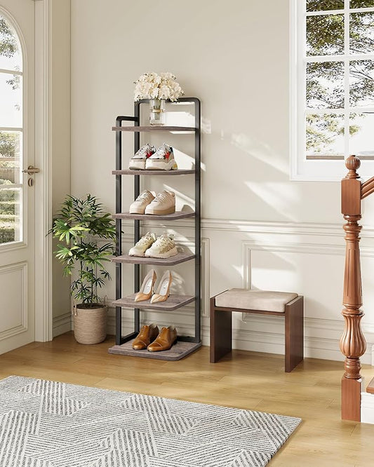 6-Tier Vertical Shoe Rack, Narrow Shoe Tower, Corner Shoe Storage Organizer, Shoe Shelf, for Small Spaces, Industrial Style, for Entryway, Hallway, Living Room, Greige and Black TXJ06BG