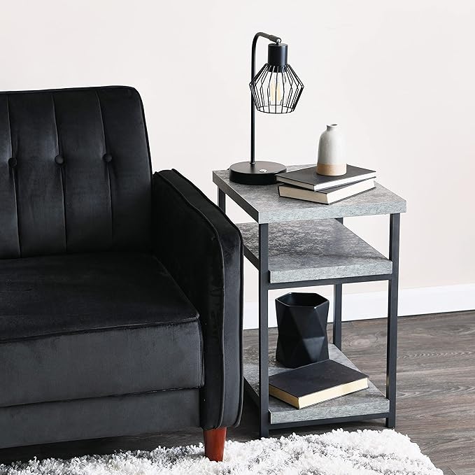 Household Essentials Jamestown Rectangular Side End Table with Storage Shelves Rustic Slate Concrete and Black Metal