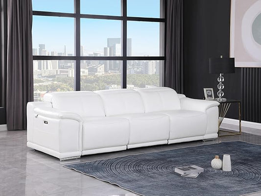 BlackJack Furniture Venice Top Grain Italian Leather Dual Power Recliner Sofa - 107" Theater Seating Modern Couch for Living Room Apartment Lounge Home with Adjustable Headrests & USB Port, White