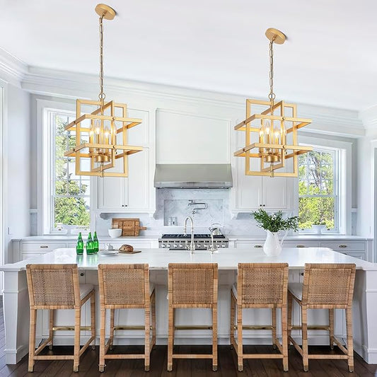 Gold Farmhouse Chandelier Modern Industrial Pendant Light Fixtures Brass Geometric Chandeliers for Dining Room Kitchen Island Entryway Foyer Bedroom Height Adjustable 4-Lights