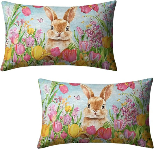 Easter Bunny Lumbar Pillow Covers 12x20 Set of 2 Lovely Rabbit with Tulip Throw Pillow Covers Spring Pillow Case Floral Cotton Blend Cushion Case for Easter Decor Sofa Patio Garden