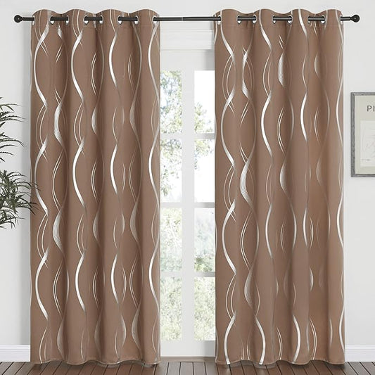 NICETOWN Blackout Curtains Panels for Living Room, Sound Reducing Thermal Insulated Wave Line Foil Print Design Blackout Curtains for Patio Sliding Glass Door (2 Panels, 52 x 84 Inch, Cappuccino)