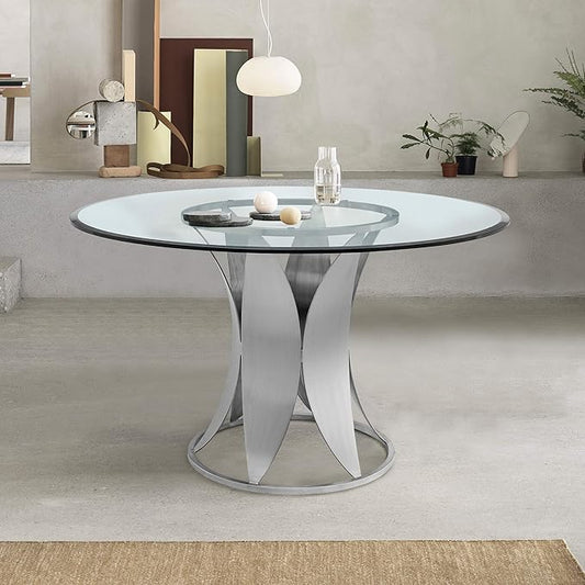 Armen Living Petal Modern Glass Round Pedestal Dining Table, 48 in x 48 in x 30 in, Brushed Stainless Steel Finishing
