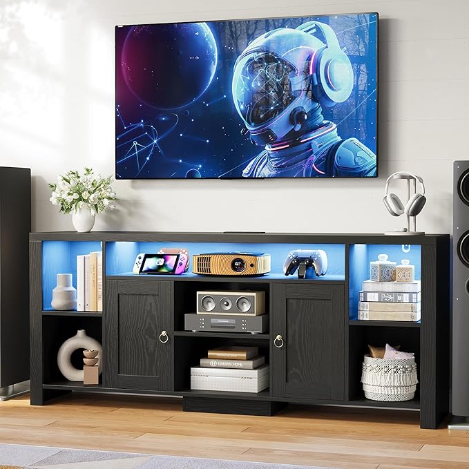 LIKIMIO TV Stand for TVs 80 inch with LED Lights & Power Outlet, Entertainment Center with Cabinets, Adjustable Shelves and Open Shelves, Modern Media TV Console Living Room, Black