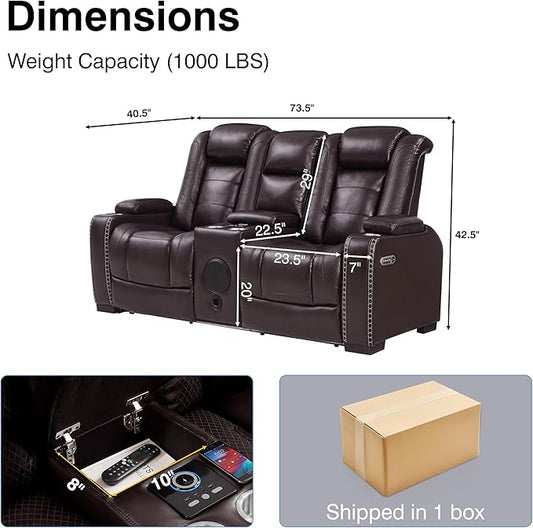 THSUPER Brown Leather Power Recliner Loveseat with Arm Storage and Bluetooth Speaker, Theater Seating Leather Living Room Reclining Loveseat with Cup Holders and Wireless Charging. | Breathable material, LED ambient light, USB and Type-C port, In a box...