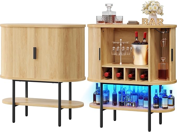 DWVO Bar Cabinet with LED Lights, Oval-Shaped Wine Bar Table with 2 Glass Holders, 4 Wine Racks, Open Shelf, Fluted Coffee Bar Liquor Cabinet for Home, Kitchen, Living Room, Natural Oak