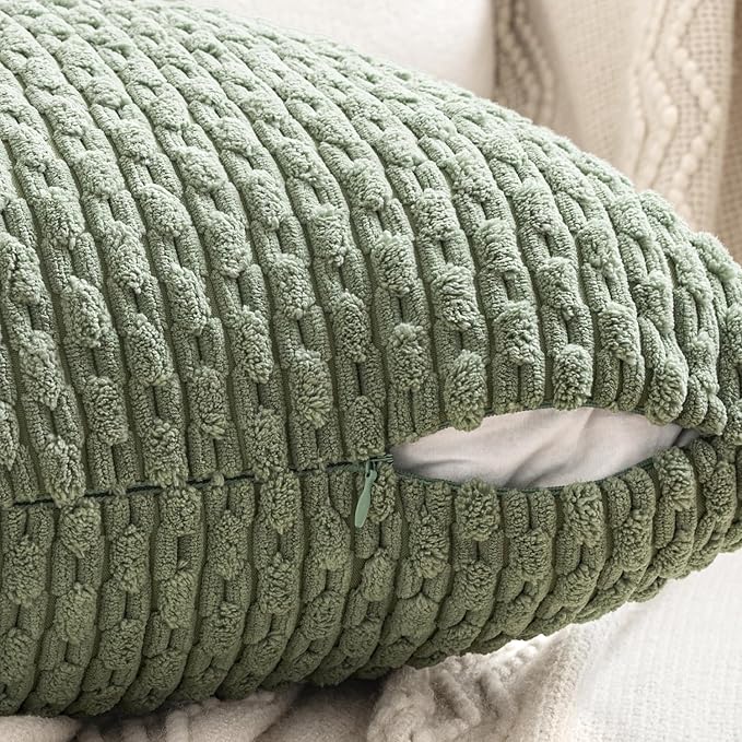 MIULEE Sage Green Decorative Throw Pillow Covers for Couch Living Room 20x20 Inch Soft Pillow Cases Set of 4 Boho Striped Corduroy Farmhouse Cushion Covers Spring Home Decor for Sofa Bed