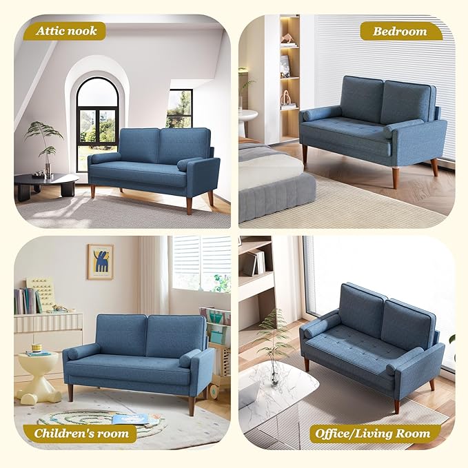 Vesgantti Loveseat Sofa with Solid Wood Legs, 48" Small Couches for Small Spaces, Love Seat for Living Room, Bedroom, Easy Assembly Mid Century Modern Couch with Throw Pillow for Apartment, Blue