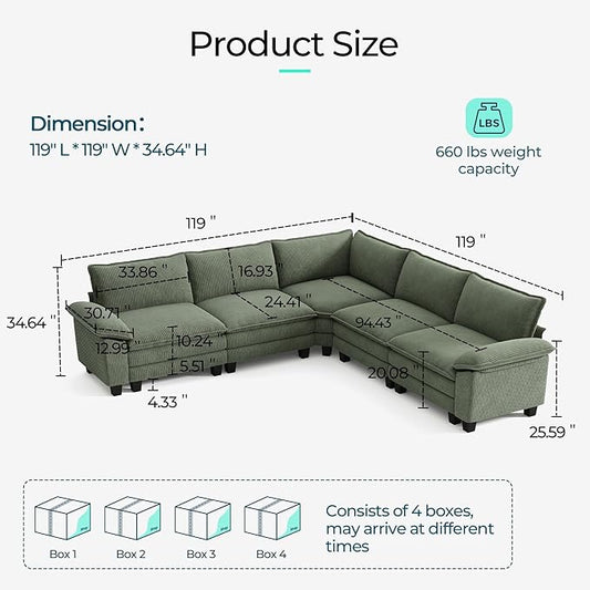 LINSY HOME Modular Sectional Sofa Couch Corduroy Cloud Couches for Living Room, V-Shaped Cloud Couch Sectional Sofas for Bedroom and Apartment, Green