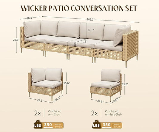 LHBcraft 4 Piece Wicker Patio Furniture Set Boho, Modular Outdoor Couch, Outdoor Conversation Set Sectional Sofa with Water Resistant Fluffy Cushions and Coffee Table, Beige