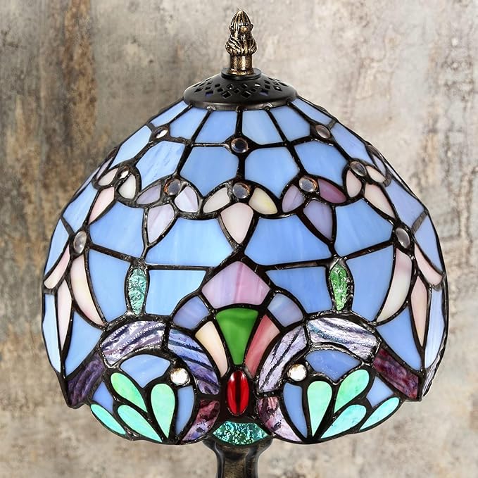 MIAOKE Stained Glass Table Lamp,Stained Glass Crystal Bead Style Table Light,Handmade Desk Bedside Night Light,Antique Art Craft Gifts Lover Living Room Bedroom Bookcase (Blue Baroque)