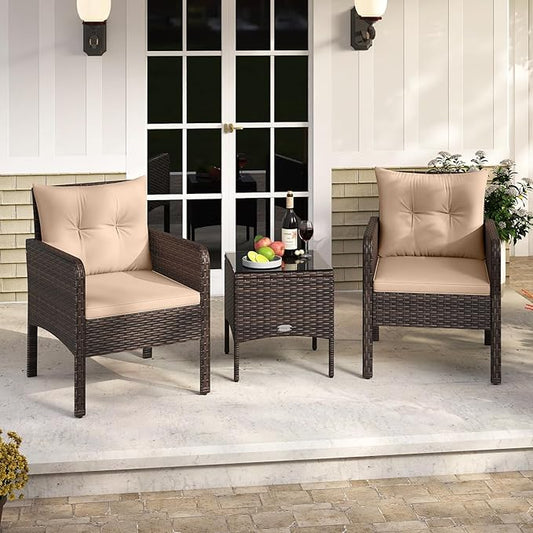 Tangkula 3 Pieces Patio PE Wicker Furniture Set, Outdoor Bistro Conversation Set with Cushions and Tempered Glass Coffee Table, Outside Rattan Table and Chairs for Porch (Beige)