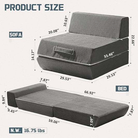 Trenda Folding Sofa Bed, 16lbs Convertible Sleeper Chair with Removable Back Pillow & Handle, Washable Cover Solid Foam Fold Out Chair Bed for Living Room, Apartment, Guest, Single, Dark Grey
