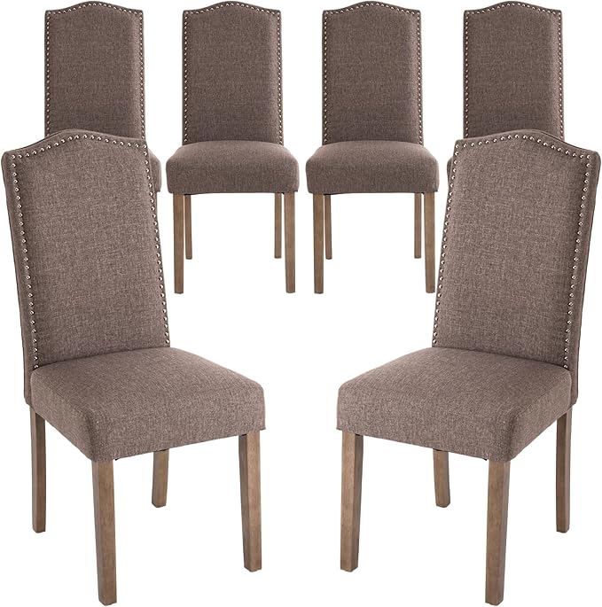 Upholstered Dining Chair Stylish Parsons Kitchen High Back with Silver Nailhead Trim & Wood Legs, 6-Pack, Fabric Brown