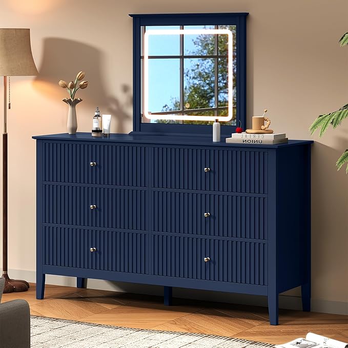 RoyalCraft 6 Drawer Dresser with Lighted Mirror, Blue Fluted Modern Wood Chest of Drawers, Long Dresser for Bedroom Storage