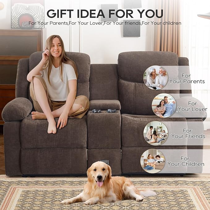 Recliner Sofa, Reclining Loveseat Sofa with Massage & Heat, Reclining Couch with Side Pockets, Extra Storage, Cup Holders for Living Room