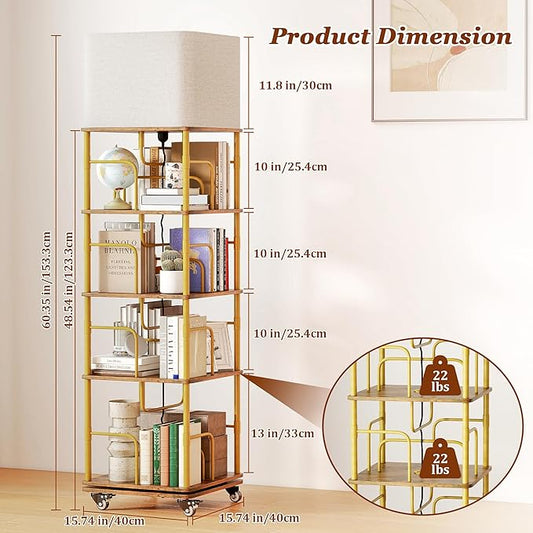 4 Tier Rotating Bookshelf with LED Light 360° Swivel Bookcase with Wheels Space-Saving Tall Corner Shelf Square Floor Standing Shelf Metal and Wood Bookshelves for Bedroom Living Room Office
