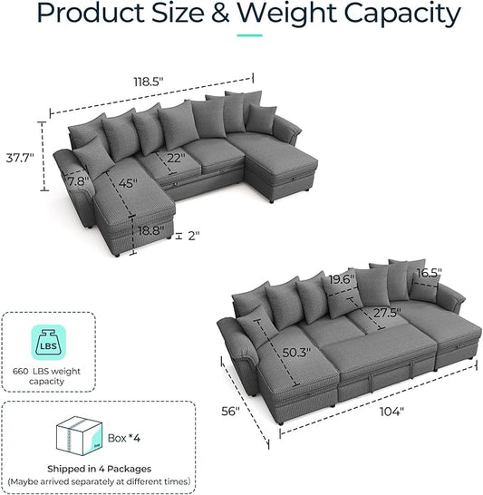 LINSY HOME Oversized Sectional Sleeper Sofa with Pull Out Couch Bed (Gray, 118.5'') | USB Charging, Pillow-style Armrest, Multiple Cushions, Storage Chaise, Corduroy Fabric