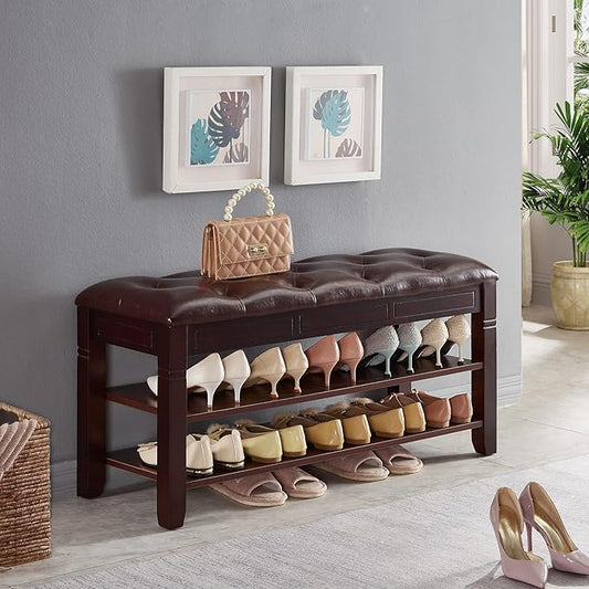 Shoe Storage Bench, Entryway Shoe Rack with Fiberleather Seat 2-Tier Lift Top Organizer Wooden Shoe Bench for Entryway Hallway Living Room (Dark Brown 39.4x13.8x18.9'')