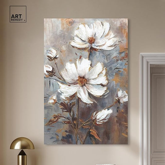 Art Remedy White Textured Flowers Canvas Elegant Floral Wall Art, Gallery Wrapped, 36" x 54"