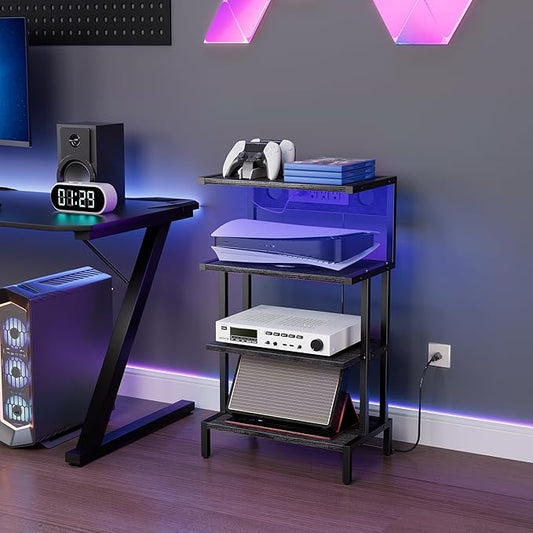 Aquzee Game Console Shelf, 4-Tier Video Gaming Consoles Stand with Outlet & RGB Light, Small Media Entertainment Center for Audio Stereo Storage Organizer Playroom Furniture, Stereo Stands and Racks