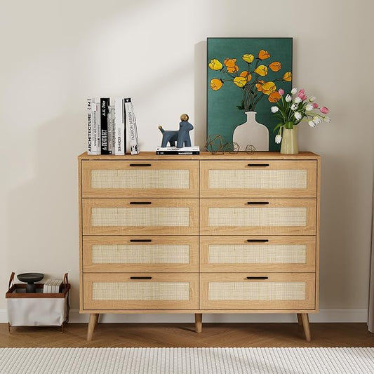 Panana 3/6/8 Drawers Dresser, Wooden Rattan Chest of Drawers with Rattan Front Spacious Storage Chest Bedside Table Nightstand Cabinet for Living Room, Closet, Hallway, Bedroom