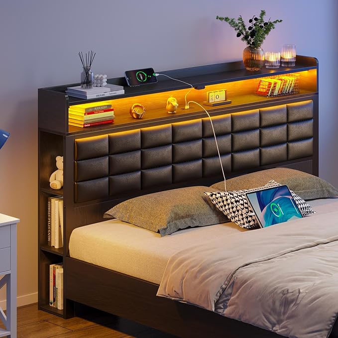 Rolanstar Bed Frame Full Size with Storage Headboard and 2 Drawers, Upholstered Platform Bed with Charging Station and LED Light, Heavy Duty Frame Support, No Box Spring Needed, Noise Free, Black