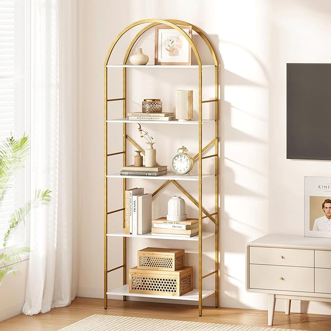 5 Tier Bookshelf Gold, 66.14 Inches Tall Arched Bookcase, Wide Storage Bookshelves with 4 Hooks, Stand Display Shelf for Living Room, Home Office, White and Gold