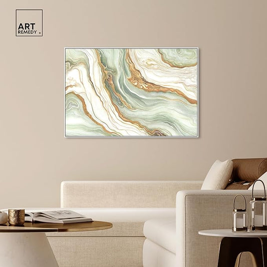 Art Remedy Green And Gold Framed Mineral, Agate & Geode 1 Piece Canvas Wall Art, 55" x 37", White Frame