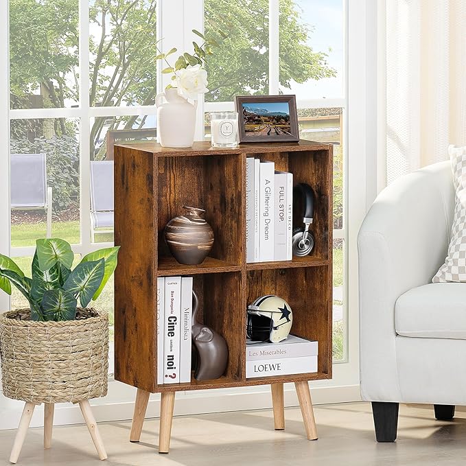LEYAOYAO 4 Cube Bookshelf, 2-Tier Bookcase with Legs, Brown Kids Book Shelf Cute Storage Organizer, Free Standing Open Toy Shelves Modern Bookshelves,Wood Display Bookcases for Bedroom,Living Room