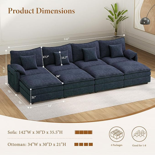 Vesgantti 142" Oversized Sectional Sofa Bed, 8-Seater Modular Sleeper Cloud Couch with Movable Ottoman, Chenille Convertible Sofa Set Deep Seat Couches for Living Room, Bedroom and Apartment, Blue | Sink-in Comfort, Height Adjustable, Easy Rearrangemen...