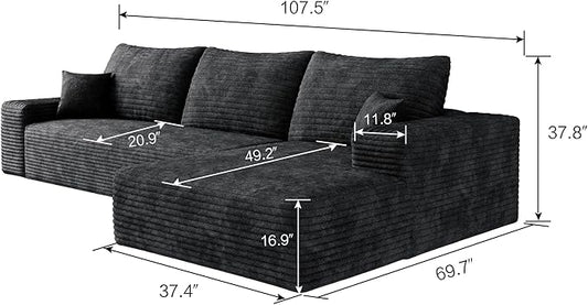 107" Oversized L Shaped Couch with Chaise, Minimalist Compressed Boneless Couch No Assembly Required, Modular Cloud Sectional Sofa for Living Room Bedroom, Right Facing Chaise, Plush Corduroy, Black