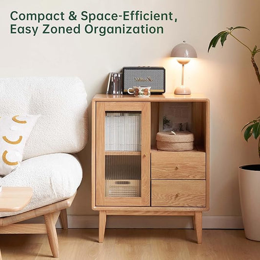 100% Solid Wood Storage Cabinet with Glass Doors and Drawers, Buffet Cabinet with Drawers, for Living Room, Reading Room, Kitchen (15.74" D x 31.49" W x 31.49" H, Natural)