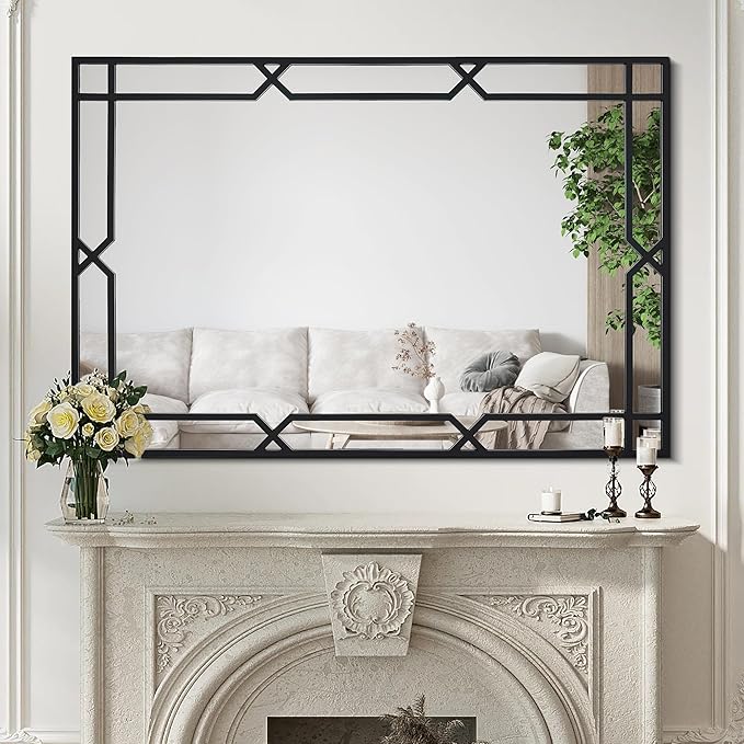 Chende 47"x32" Black Mirror for Wall Decor, Large Rectangular Decorative Mirror with Matte Black Metal Pipe Frame for Dining Room Living Room, Bathroom, Entrance, Fireplace
