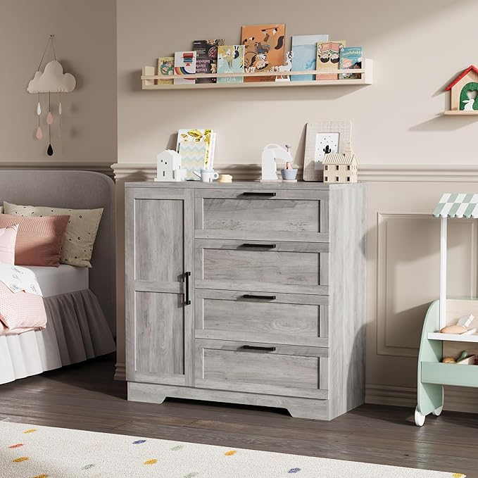 IDEALHOUSE 43.3'' H Armoire Wardrobe Closet with 4 Drawers and Hanging Rod, Multifunctional Wood 4 Drawers Dresser with Storage Closet, Clothing Storage Cabinets for Bedroom, Gray
