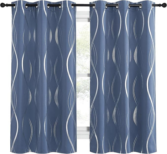 NICETOWN Kitchen Blackout Curtain Panels, Stone Blue, Set of 2, 34 by 45 Inch, Window Treatment Thermal Insulated Solid Grommet Blackout Wave Line Foil Print Design Curtains for Kitchen, Cafe, Loft