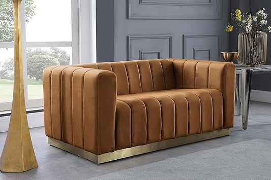 Meridian Furniture 603Saddle-L Marlon Collection Modern | Contemporary Velvet Upholstered Loveseat with Deep Channlel Tufting and Brushed Gold Finish, Saddle, 62.5" W x 34" D x 28" H