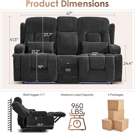TUNYI Wall Hugger Loveseat Recliner Sofa with Console, Power Reclining Loveseat RV Couch with Massage & Heat/USB/Outlet/Storage/LED Light/Speaker (Dark Grey)