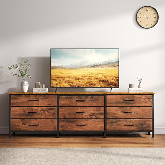 DUMOS TV Stands for Living Room Furniture with 9 Fabric Drawers, Long Entertainment Center Up to 75 Inch TV, Media Console Table with Storage for Bedroom, Adjustable Feet, Rust.