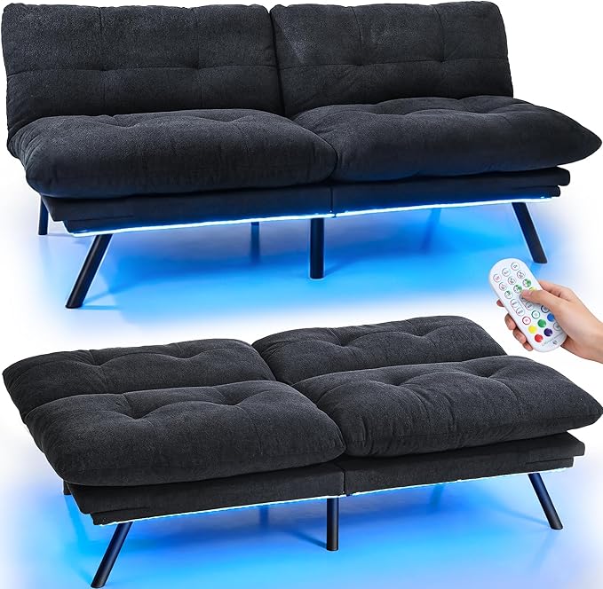 YITAHOME Convertible Futon Sofa Bed with Adjustable 3 Color Light Strip, 70" Folding Futon Set for Living Room Home Office Aprtment, Modern Futon Couch with Adjustable Backrest & Armrests, Black