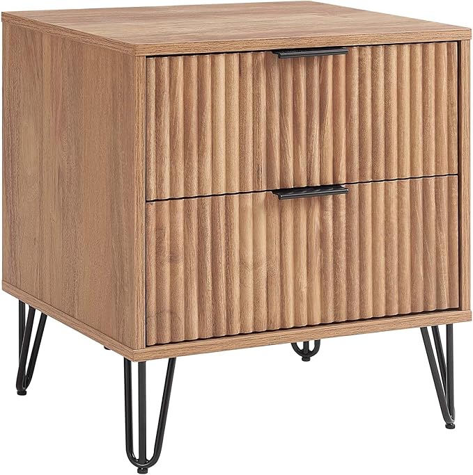 Manhattan Comfort Dumbo Modern Nightstand 2.0 with 2 Metal Feet | Stylish Splayed Gold Legs | Vertical Ribbed Drawer | Perfect for Bedroom, Set of 2, Golden Brown