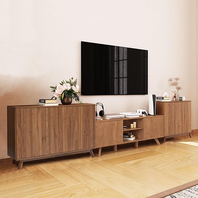 Fluted Sideboard Storage Cabinet with 3 Doors and Shelves, Mid Century Modern Accent Buffet Cabinet with Storage, Credenza Sideboard Buffet for Kitchen, Dining Room, Entryway, Under TV - Walnut