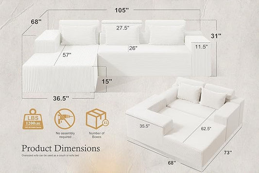 HABUTWAY Sectional Couches for Living Room,No Assembly L Shaped Couch 105" Modular Sectional Sofa Couch with Deep Seat,Cloud Couches Furniture Sets for Apartment,Corduroy (Beige, Left Facing)